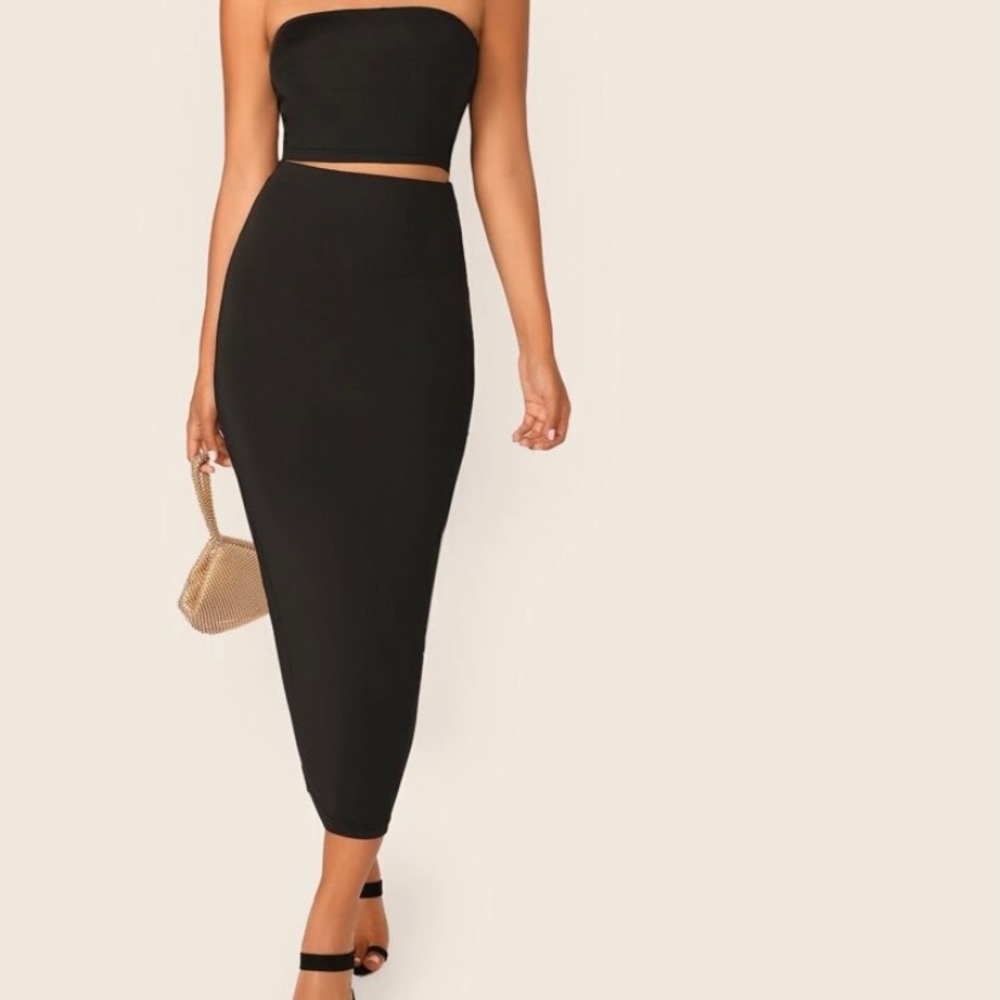 Solid Cropped Tube Top & Pencil Midi Skirt Set